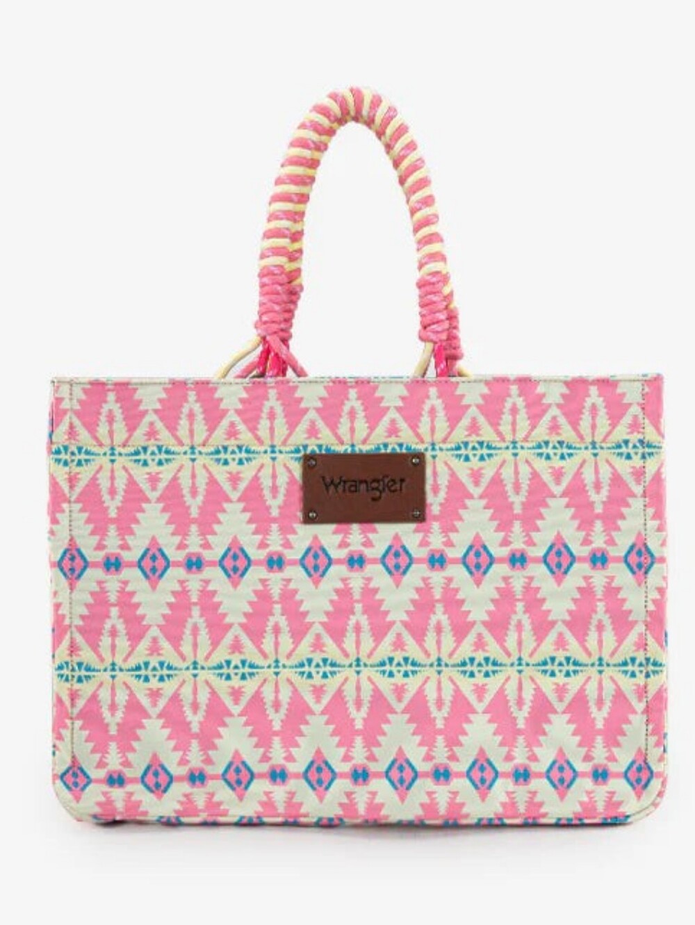 Wrangler Pink and Cream Aztec Tote with Blue Accents and braided handles